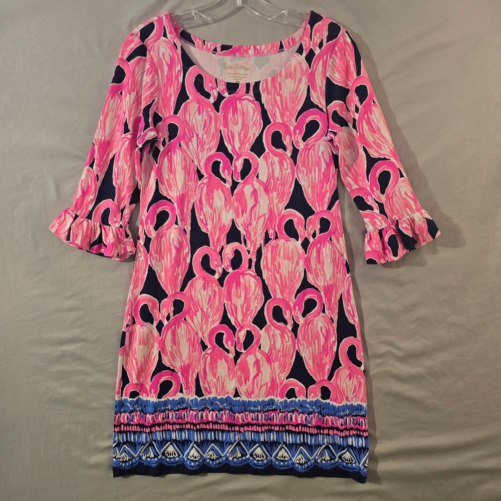 Lilly Pulitzer Shift Dress S Women Pink Navy Flamingo Ruffle 3/4 Sleeve Knit